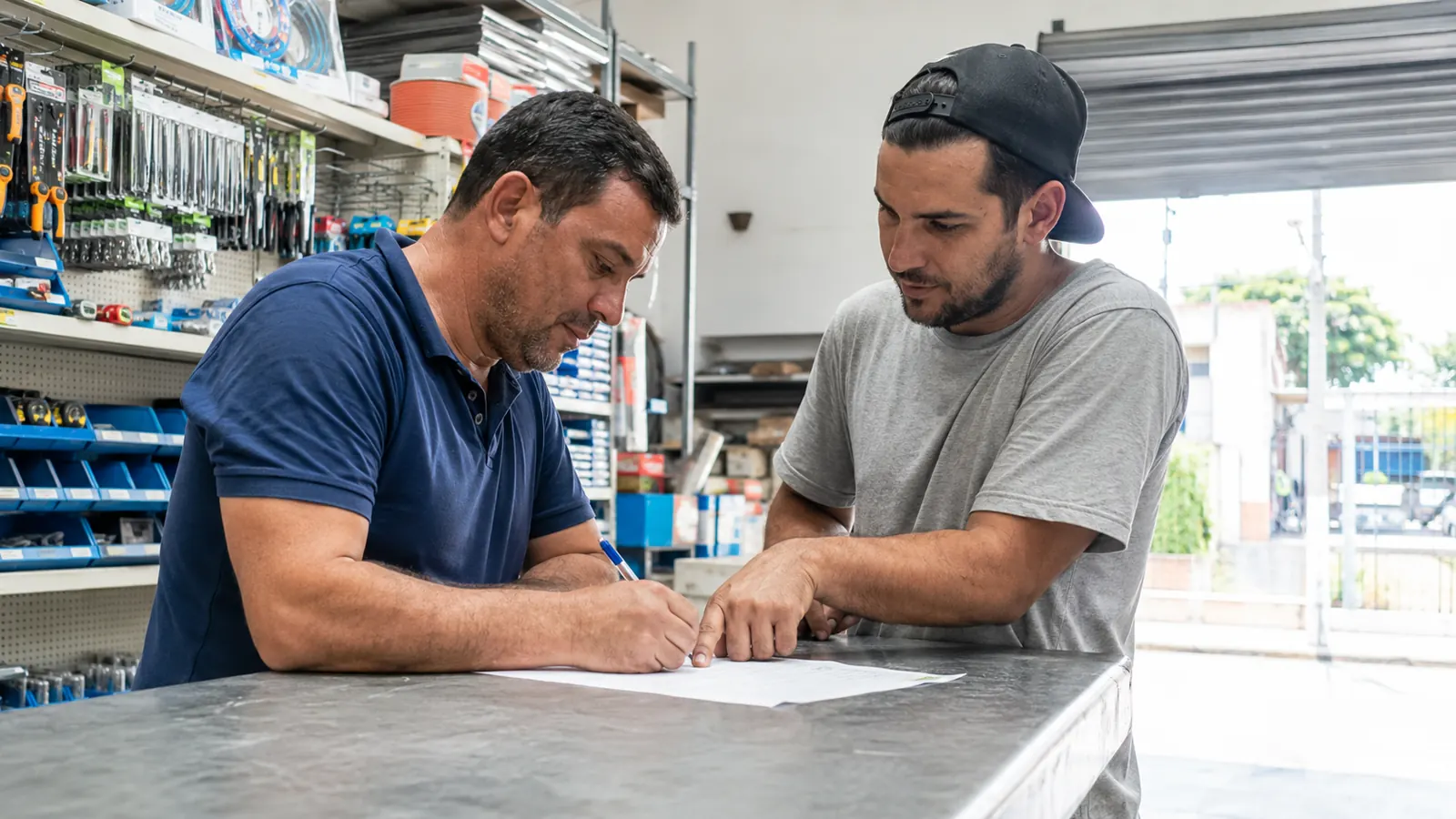 Atendente conferindo com o cliente uma lista de materiais escrita à mão sobre o balcão.